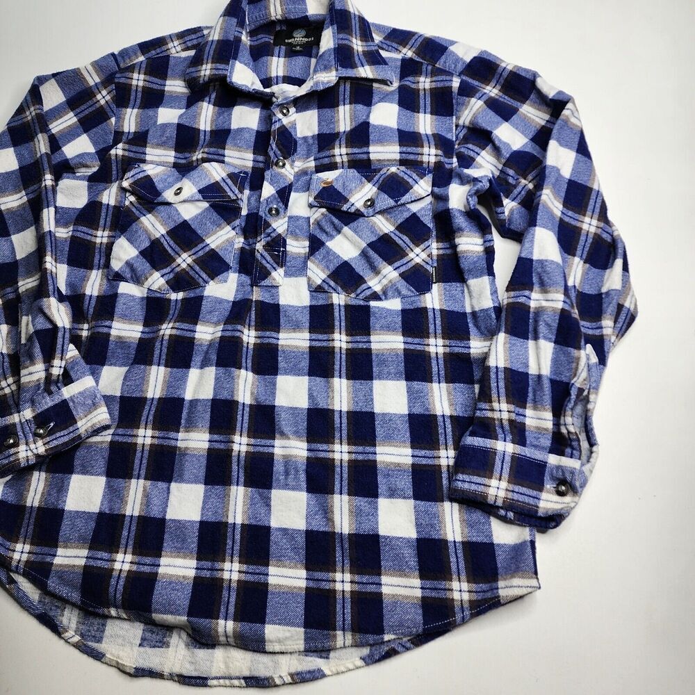 Swanndri Henley Flannel Button Shirt Cotton Blue Plaid Size Medium - Picture 7 of 10